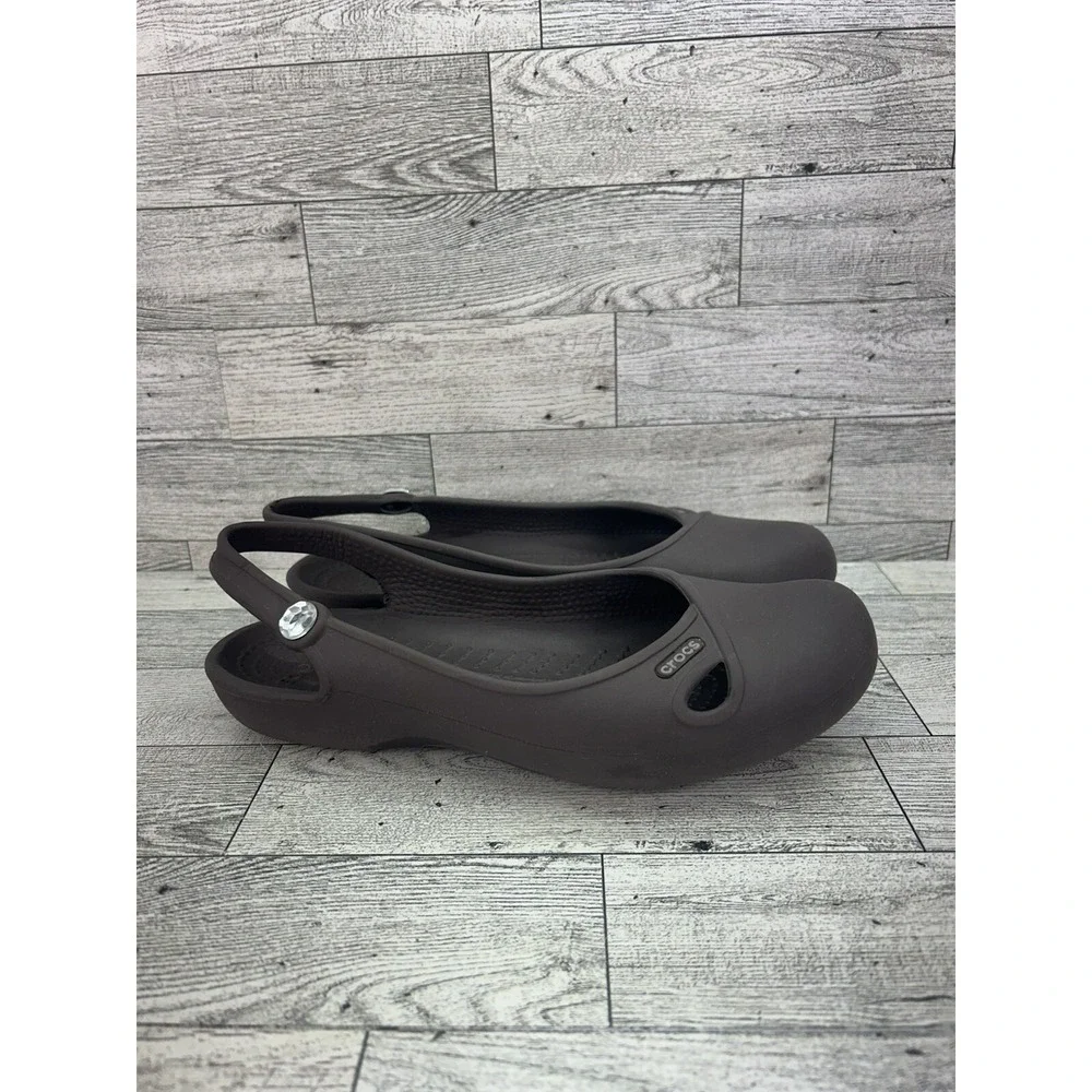 CROCS Women's Olivia Flats Brown Rubber Slingback Shoe Beach Jewel Comfy Size‎ 6